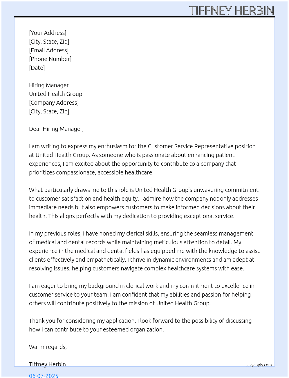 Customer Service Representative At United Health Group Cover Letter