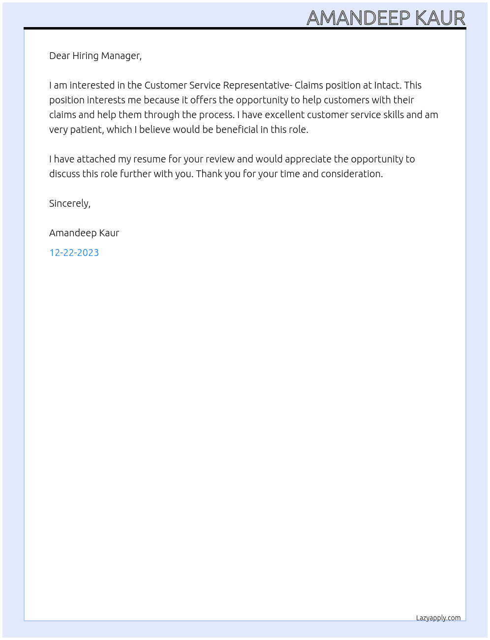 Customer Service Representative- Claims At Intact Cover Letter
