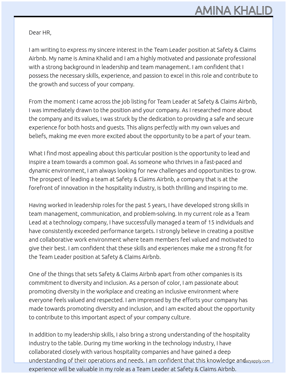 Team Leader At Safety & Claims Airbnb Cover Letter