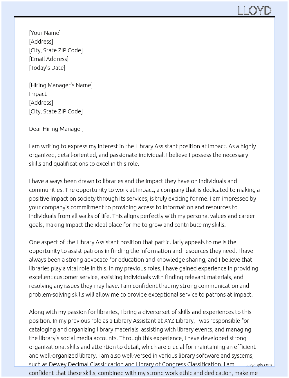 Library assistant  At Impact  Cover Letter
