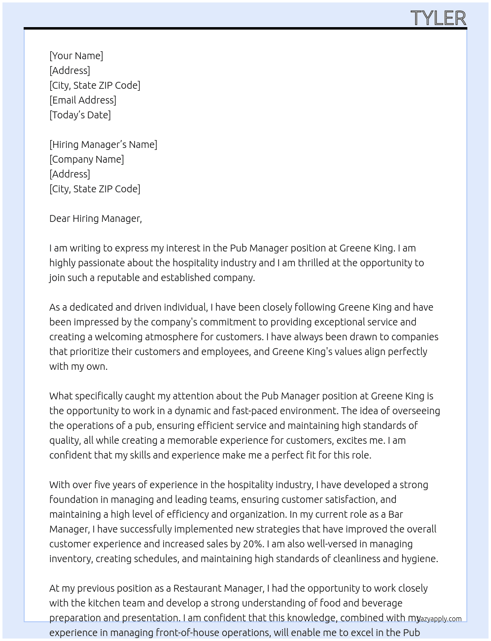 Pub manager At Greene king Cover Letter