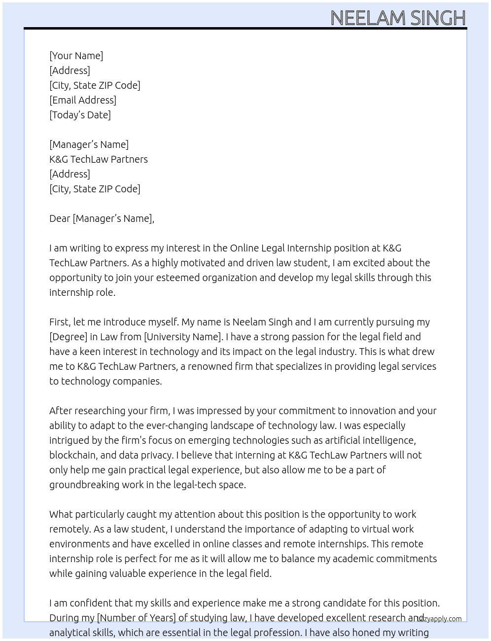 Online legal internship At K&G techlaw partners Cover Letter