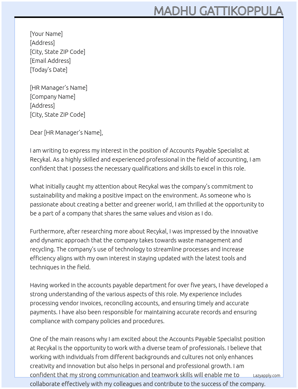 Accounts Payable Specialist At Recykal Cover Letter