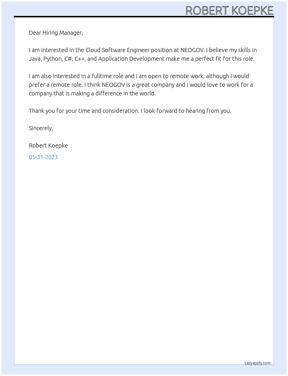 Cloud Software Engineer At NEOGOV Cover Letter