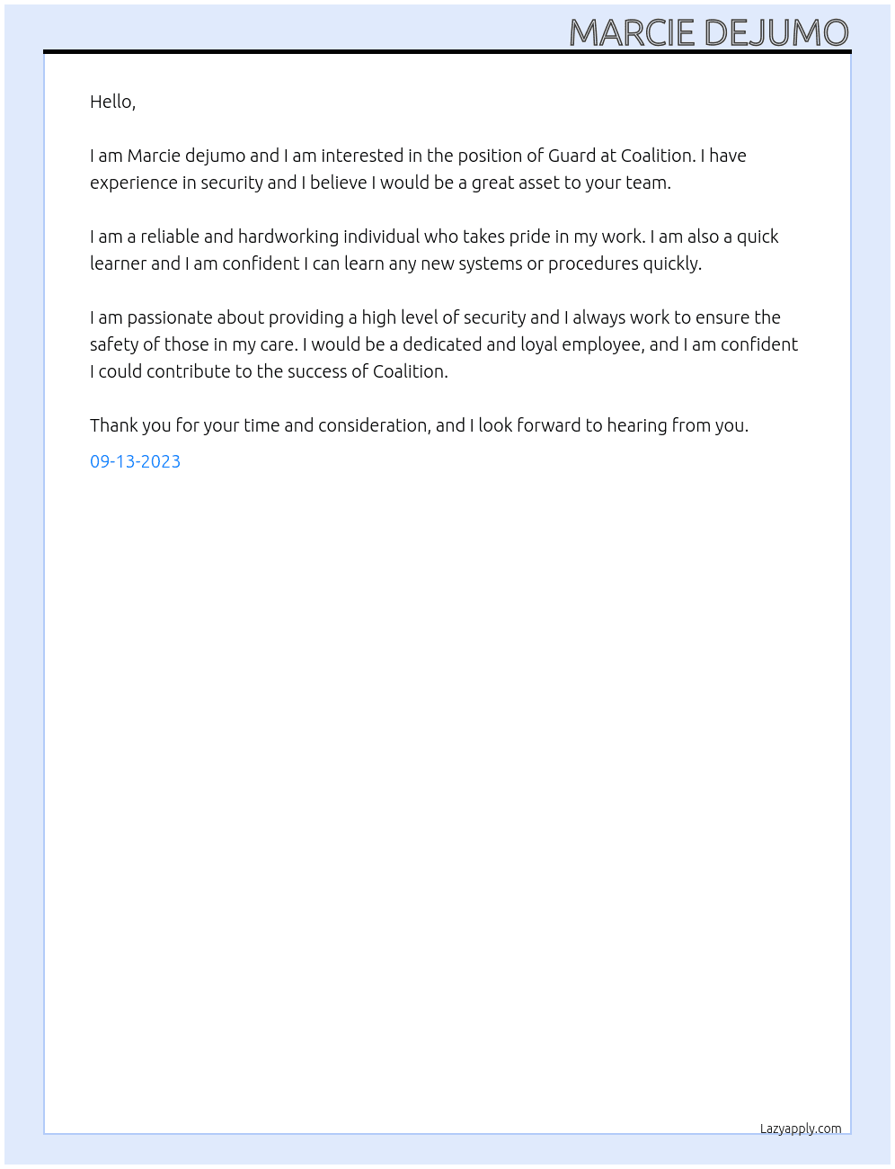Guard At Coalition  Cover Letter