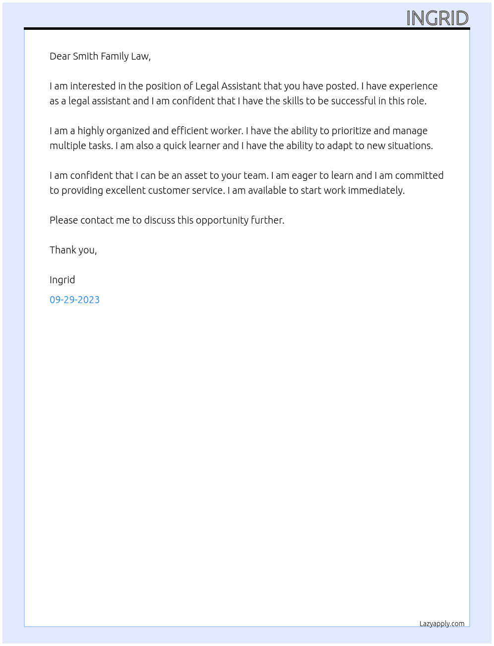 Legal Assistant At Smith Family Law Cover Letter
