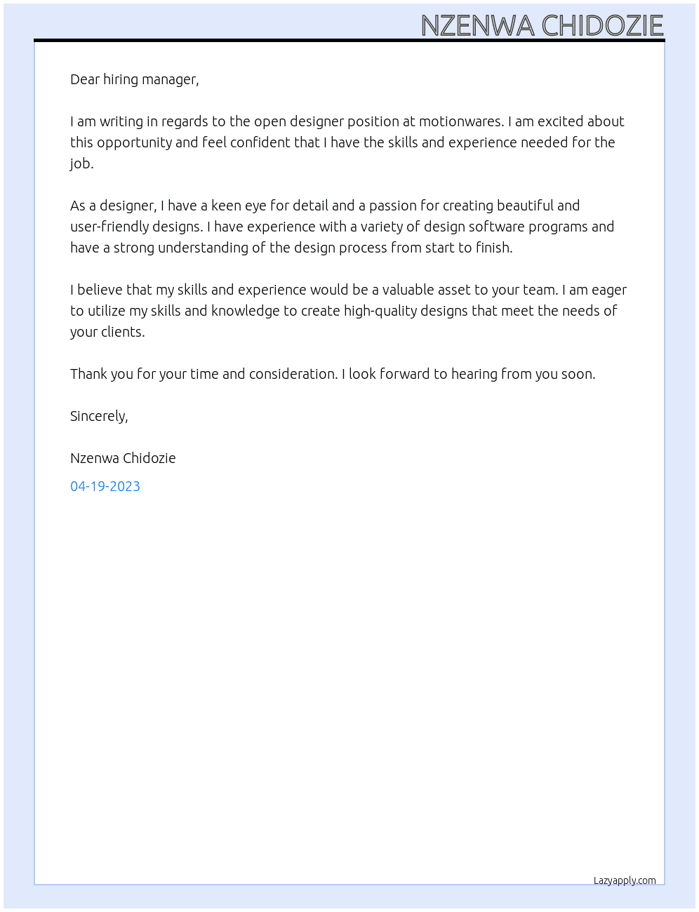 designer At motionwares Cover Letter