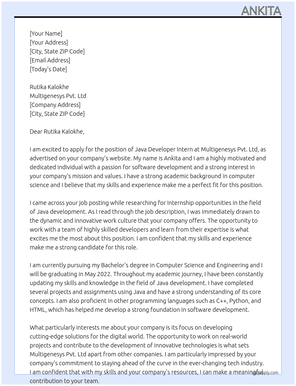 Java Developer Intern At Multigenesys Pvt. Ltd Cover Letter