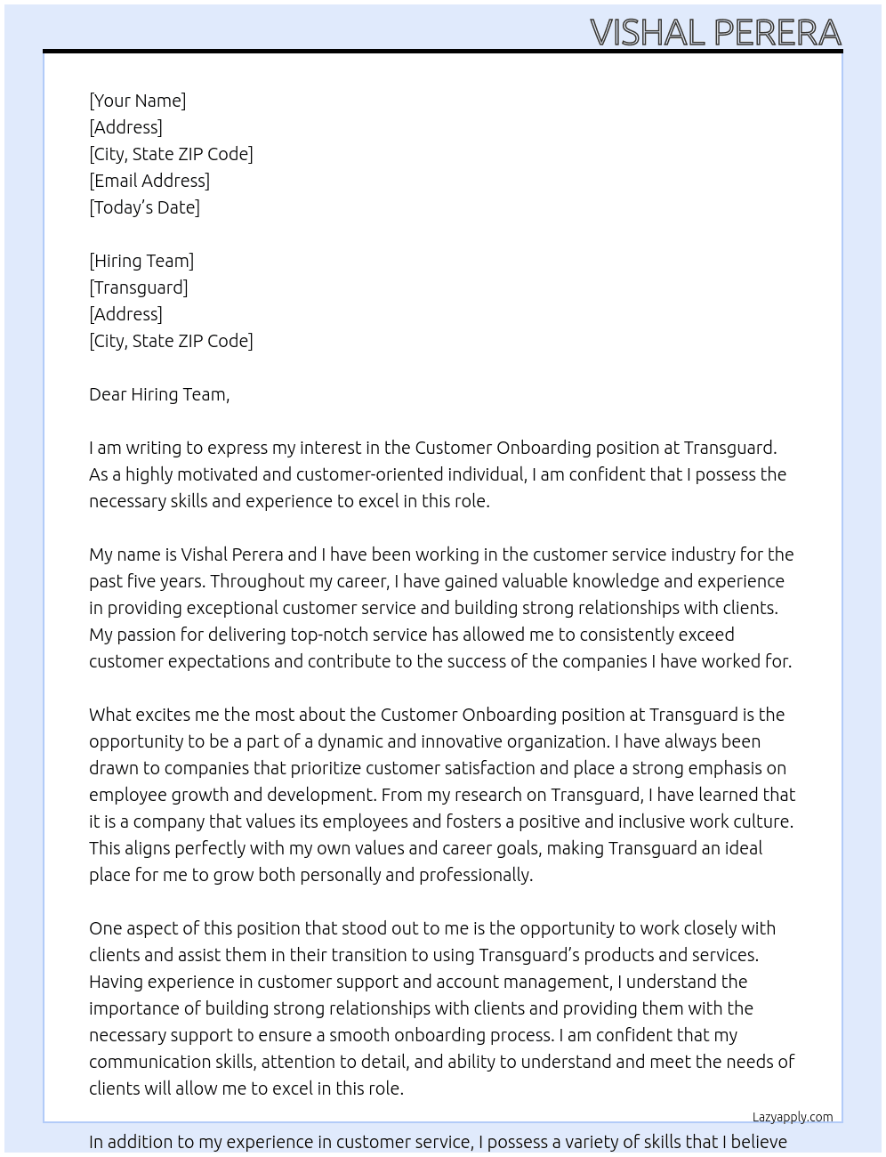 Customer Onboarding At Transguard Cover Letter