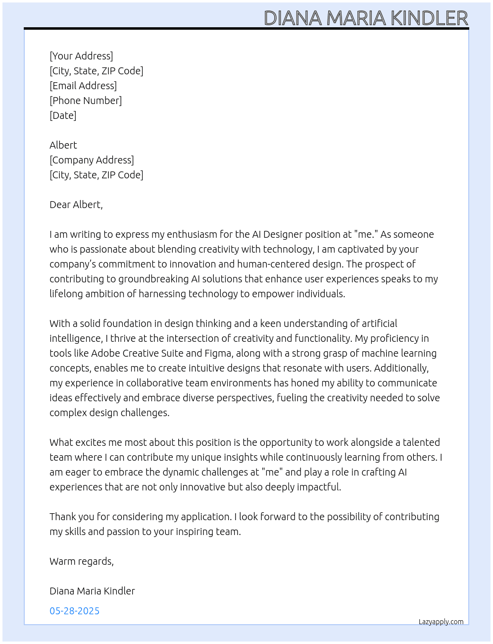 Cover letter for ai designer - LazyApply
