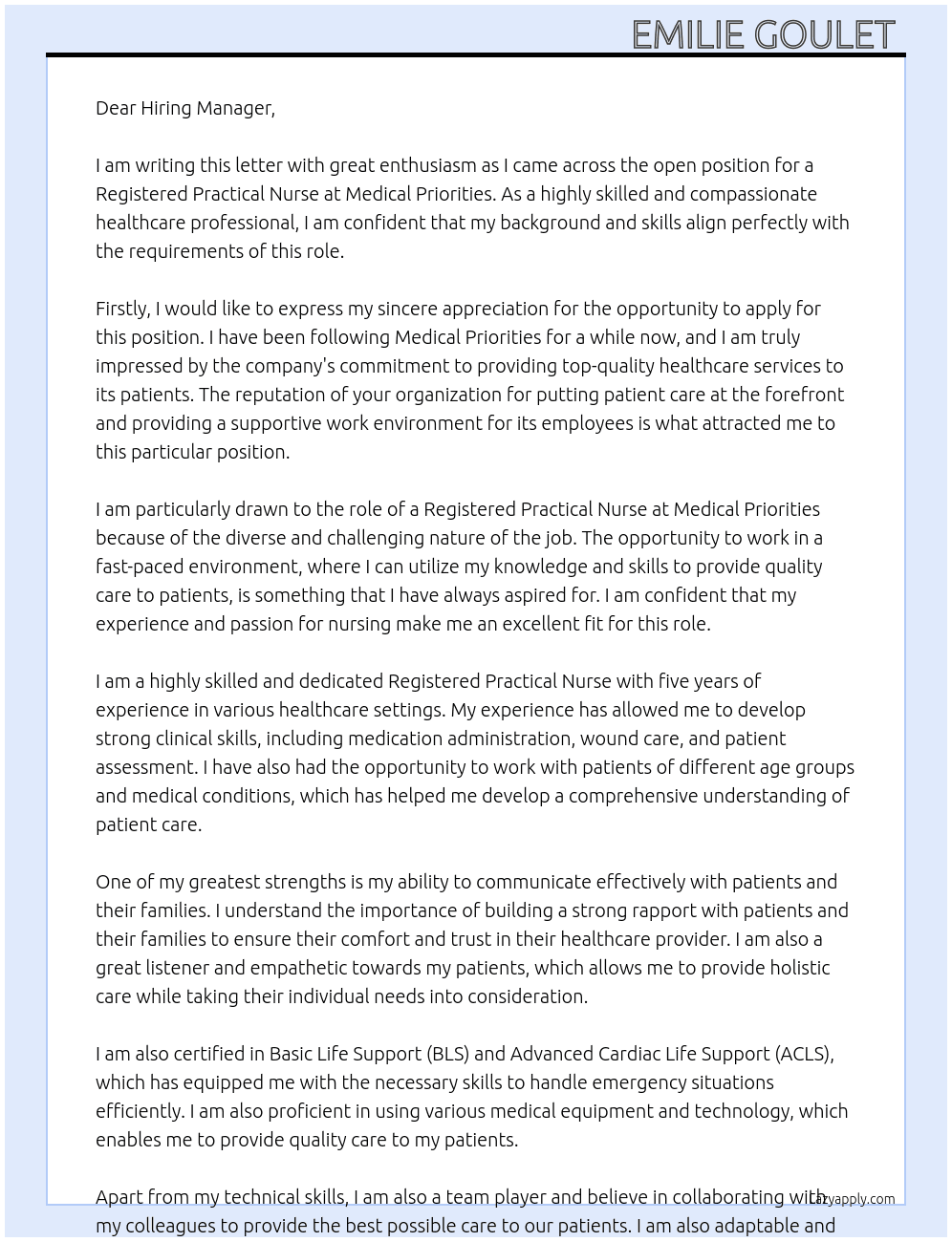 Registered Practical Nurse  At Medical Priorities  Cover Letter