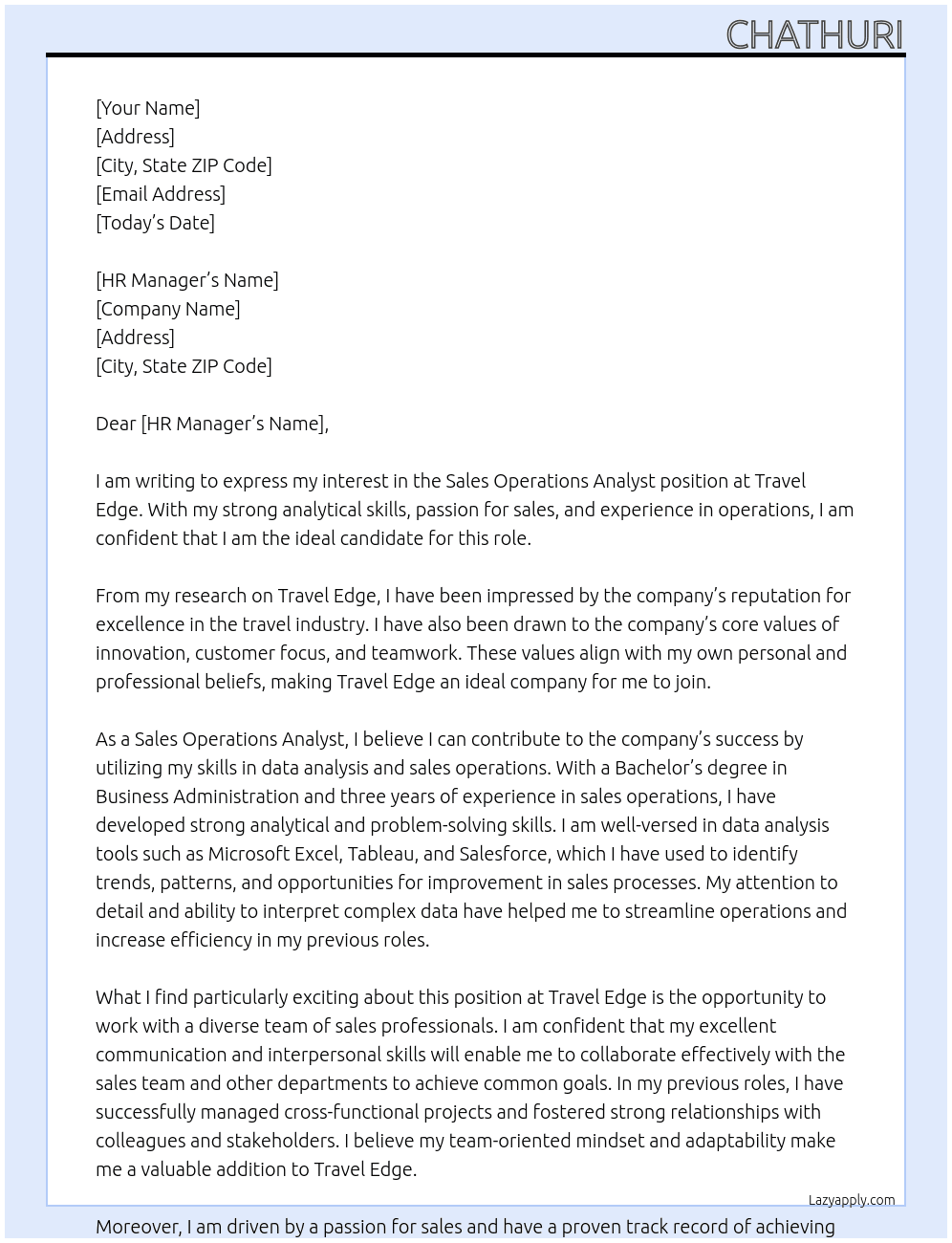 Sales Operations Analyst At Travel Edge Cover Letter