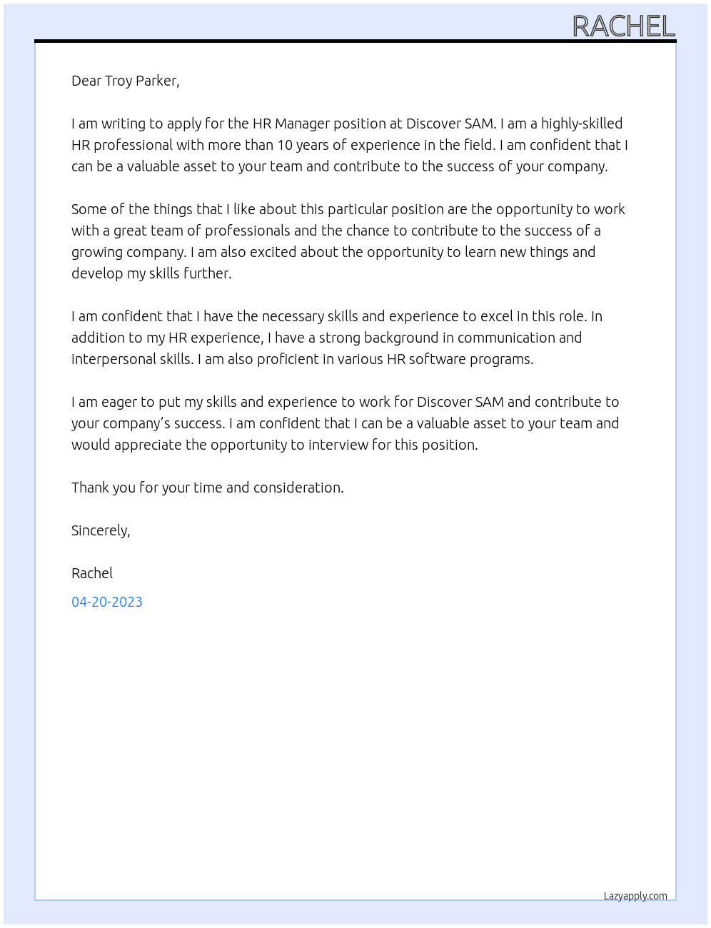 HR Manager  At Discover SAM Cover Letter