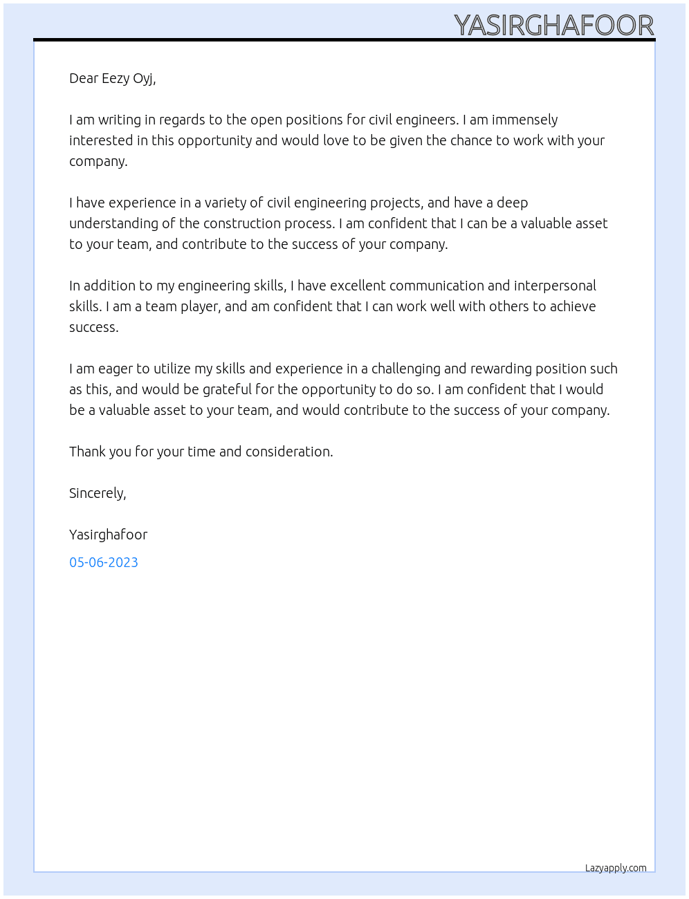 Civil Engineer At Eezy Oyj Cover Letter