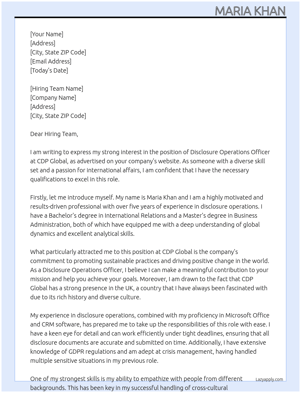 Disclosure Operations Officer - UK At CDP Global Cover Letter