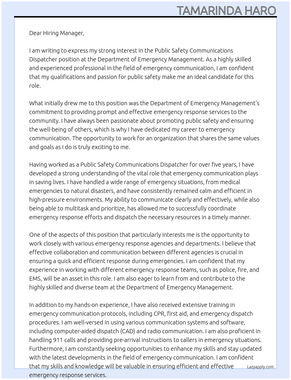Public Safety Communications Dispatcher At Department of Emergency Management  Cover Letter