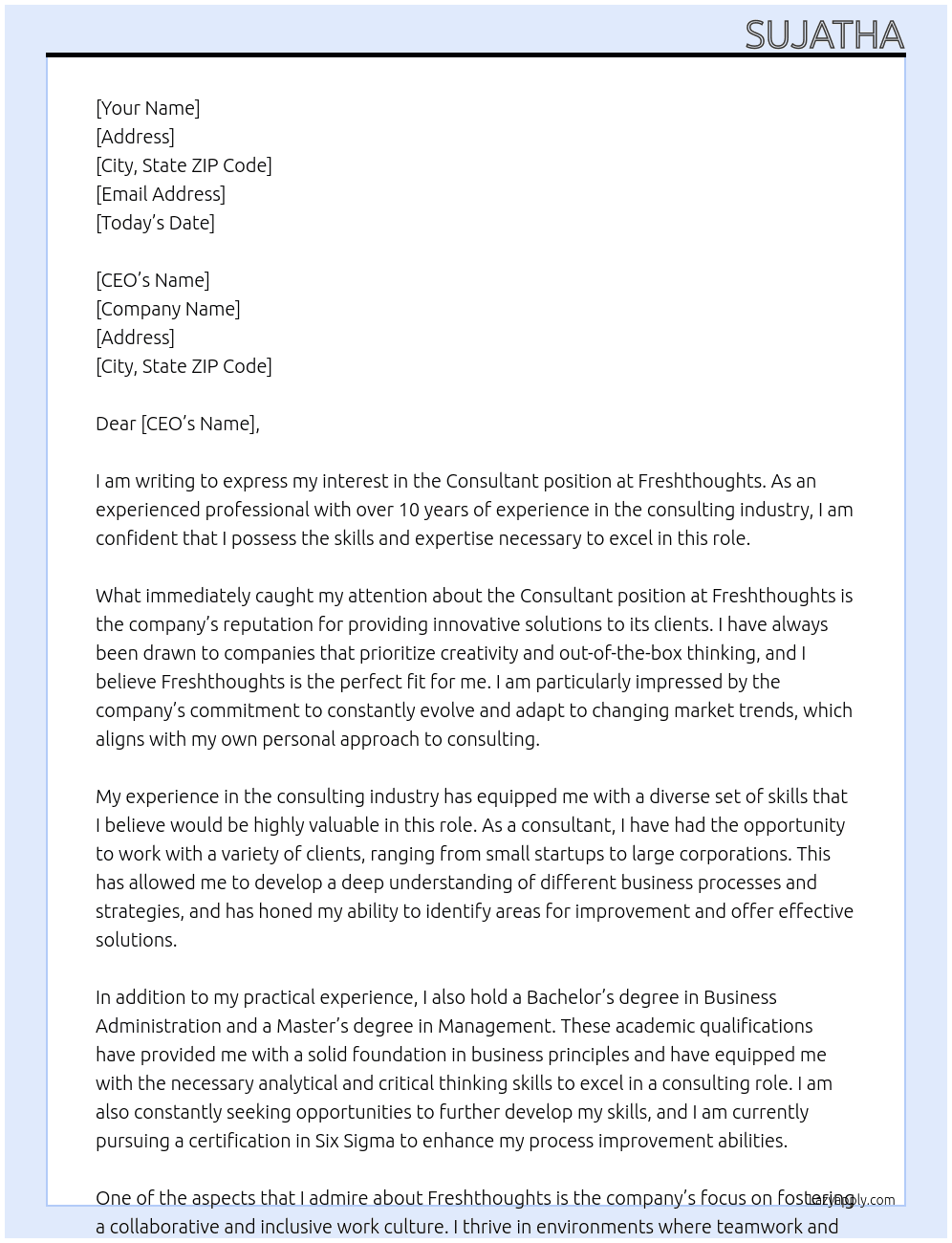 Consultant At freshthoughts Cover Letter