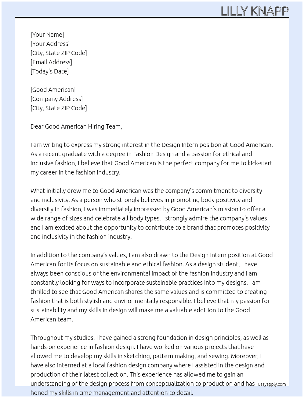 Design Intern At Good American  Cover Letter