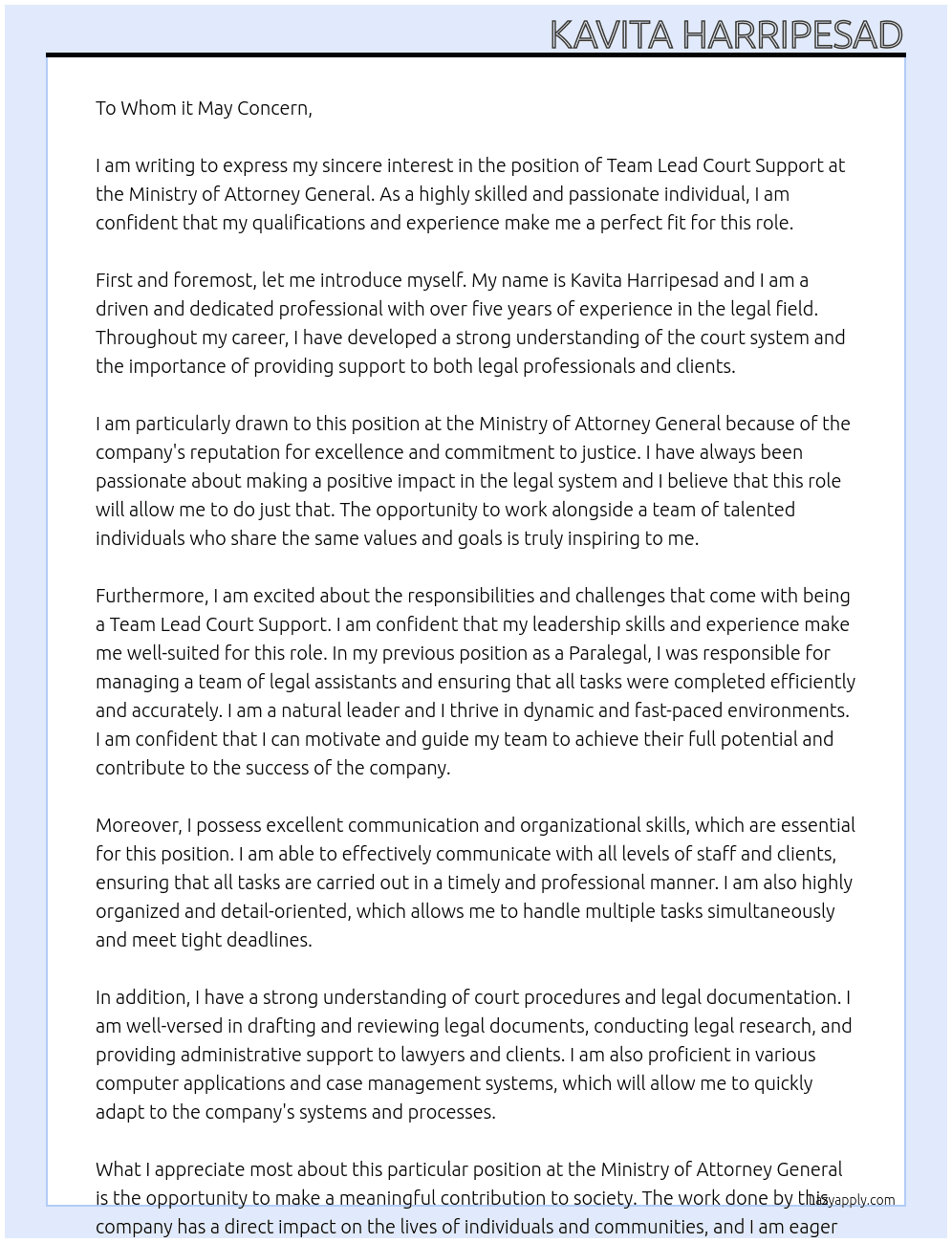 Team Lead Court Support At Ministry Of Attorney General Cover Letter