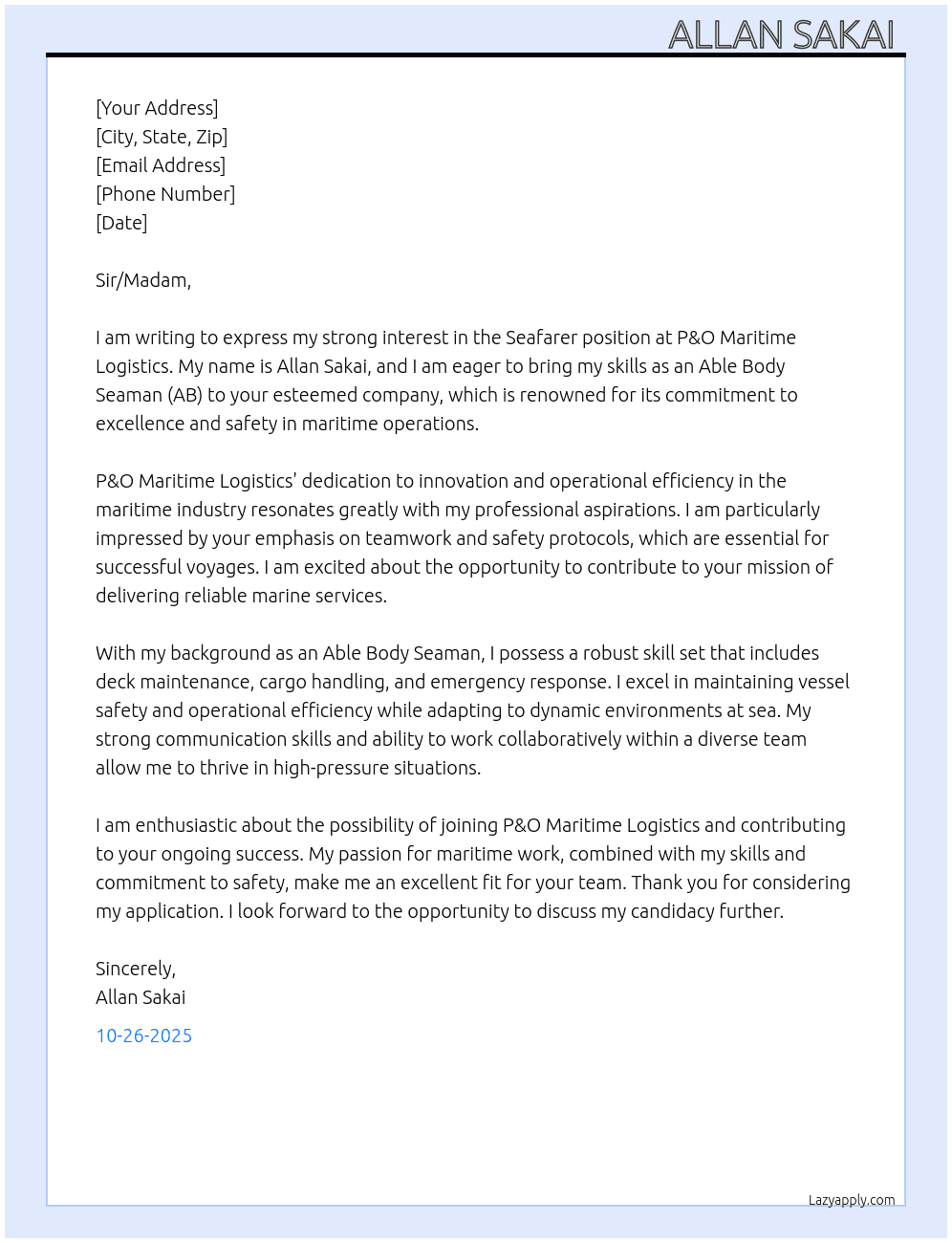 Seafarer  At P&O Maritime logistics  Cover Letter