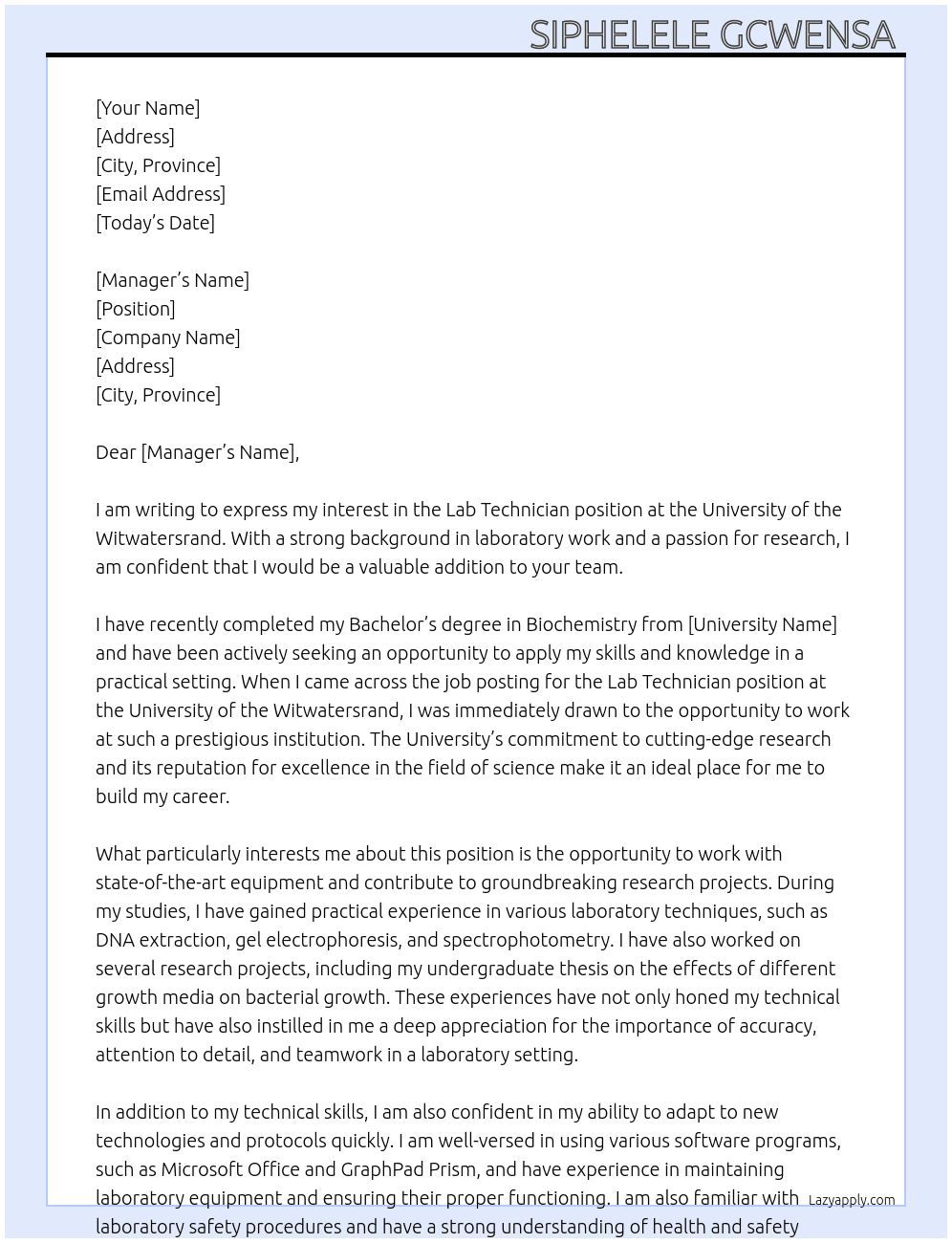 Lab Technician  At University of the Witwatersrand  Cover Letter