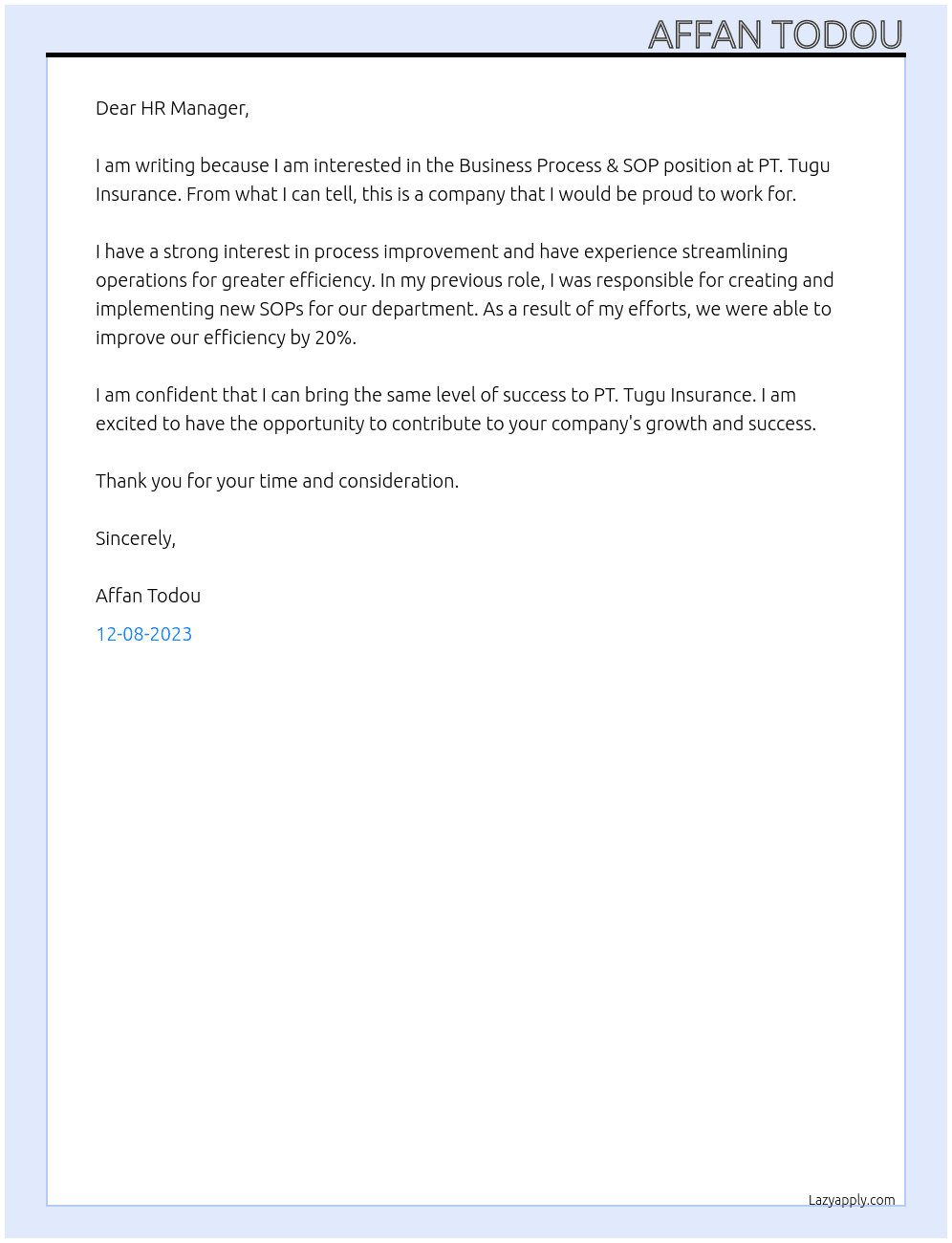 business process & SOP At PT. Tugu Insurance Cover Letter