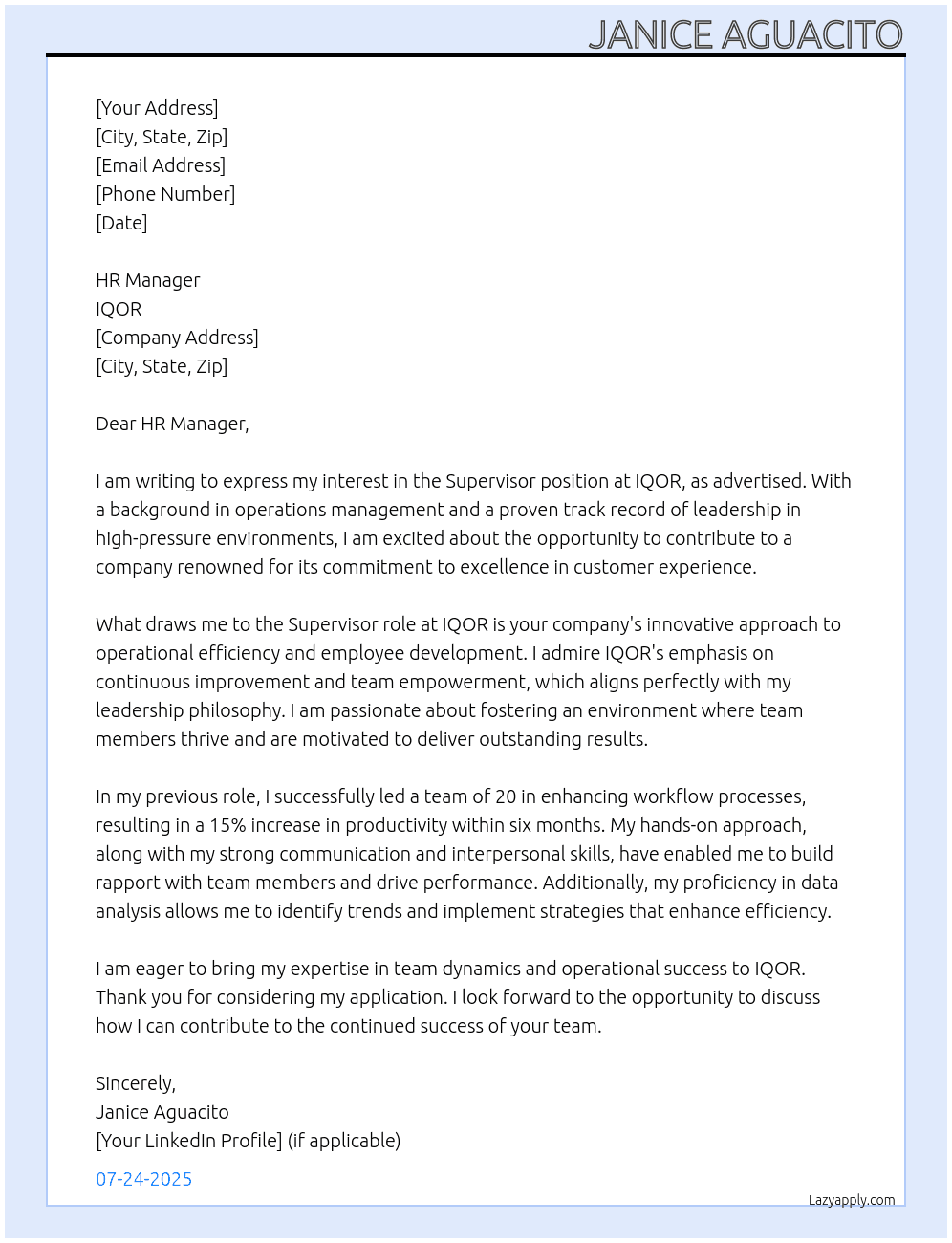sUPERVISOR At IQOR Cover Letter