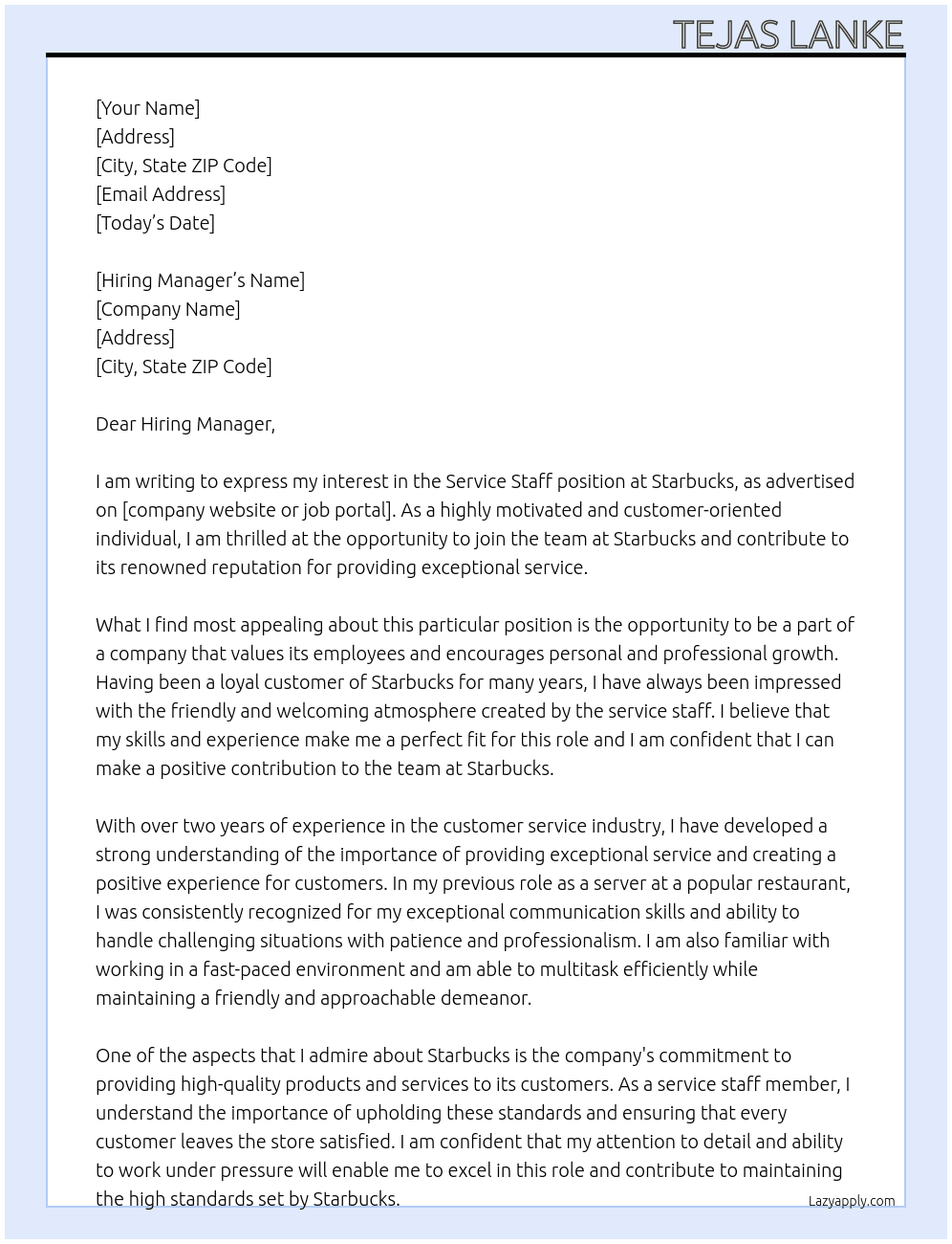 Service Staff At Starbucks Cover Letter