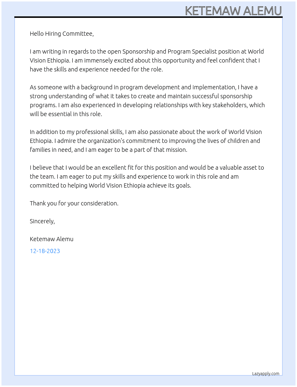 sponsership and program specialist At world vision ethiopia  Cover Letter