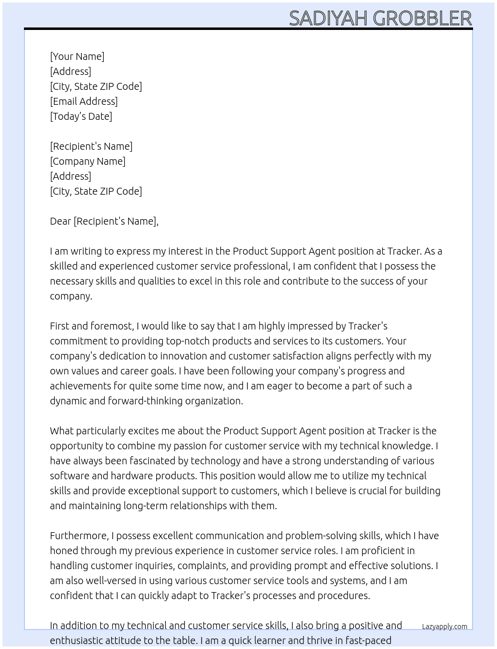 Product Support Agent At Tracker Cover Letter