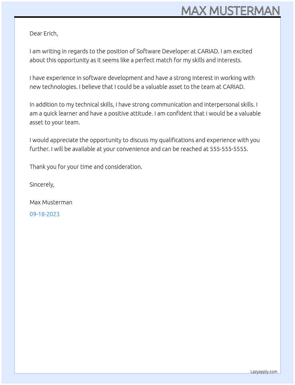 Software developer At CARIAD Cover Letter