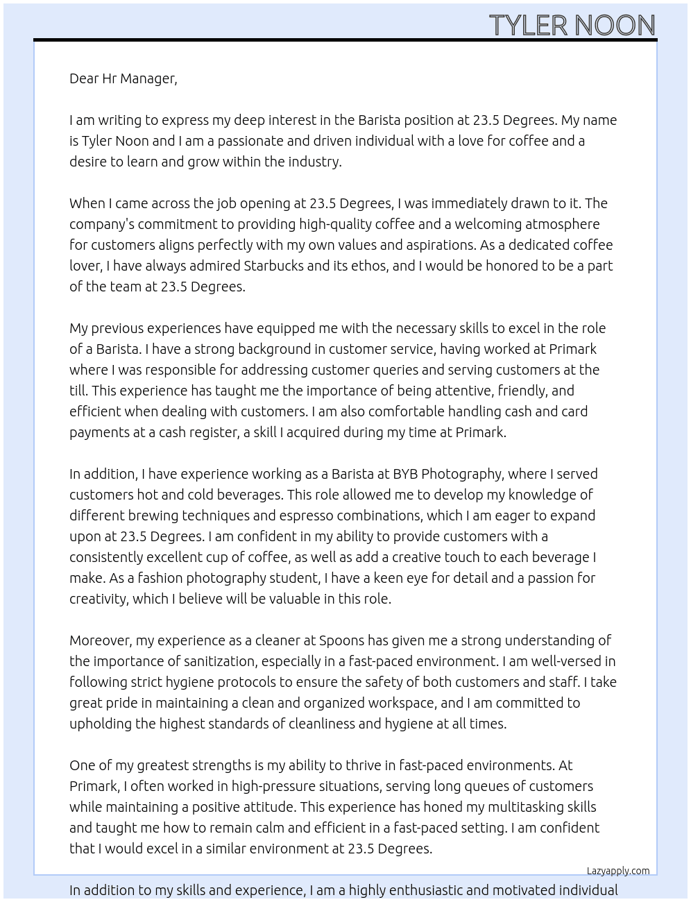 Barista At 23.5 Degrees Cover Letter