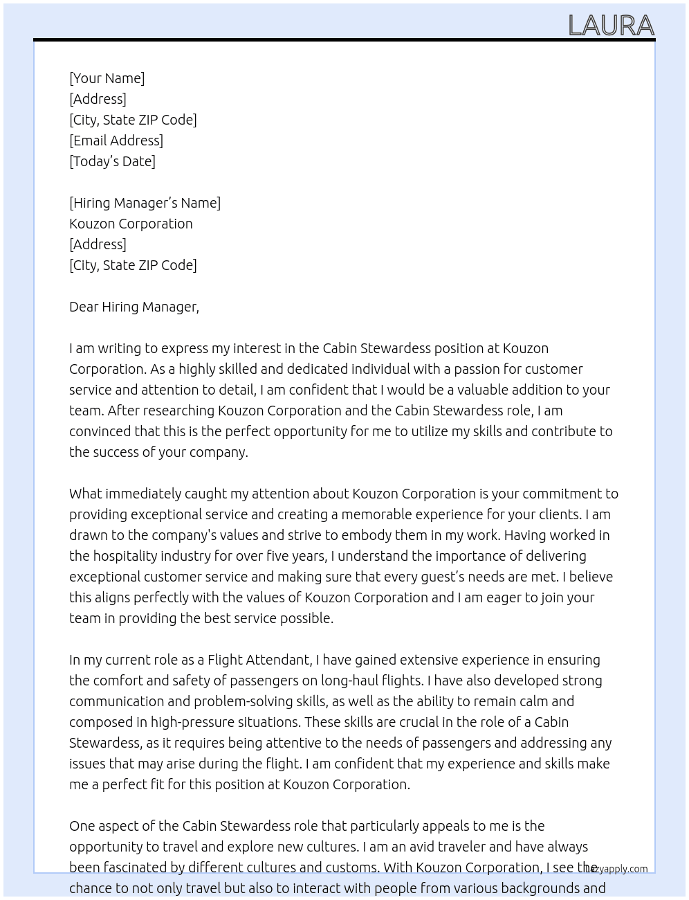 Cabin Stewardess  At Kouzon Corporation Cover Letter