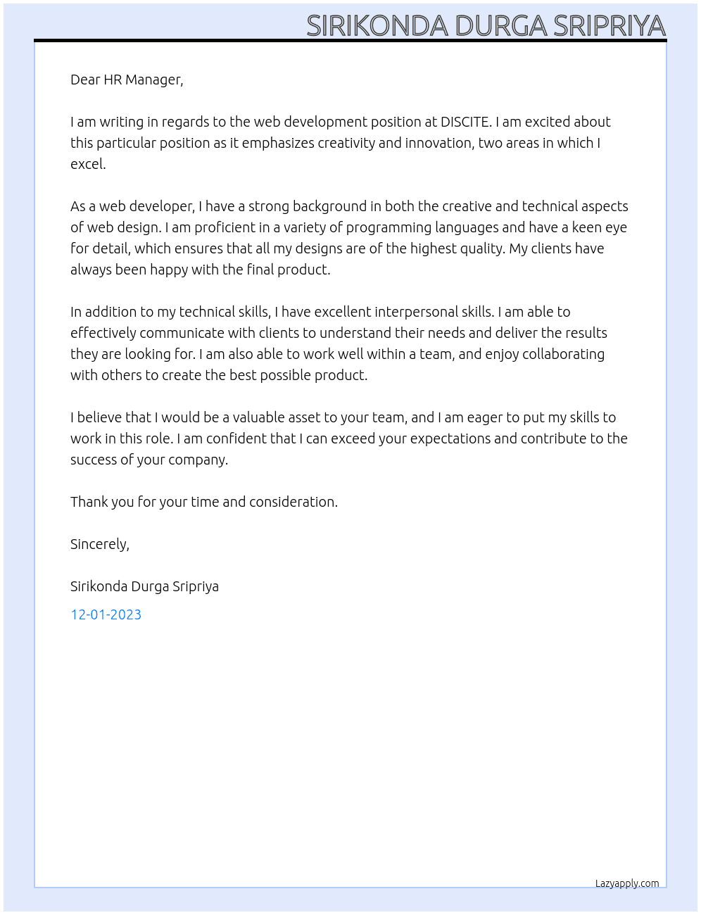 web development At DISCITE Cover Letter
