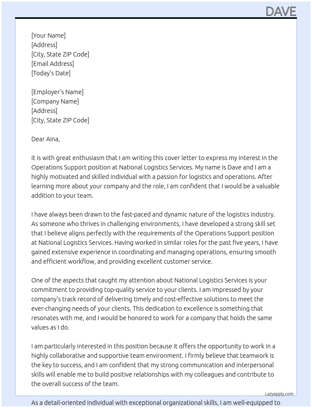 operations support At National Logistics Services Cover Letter