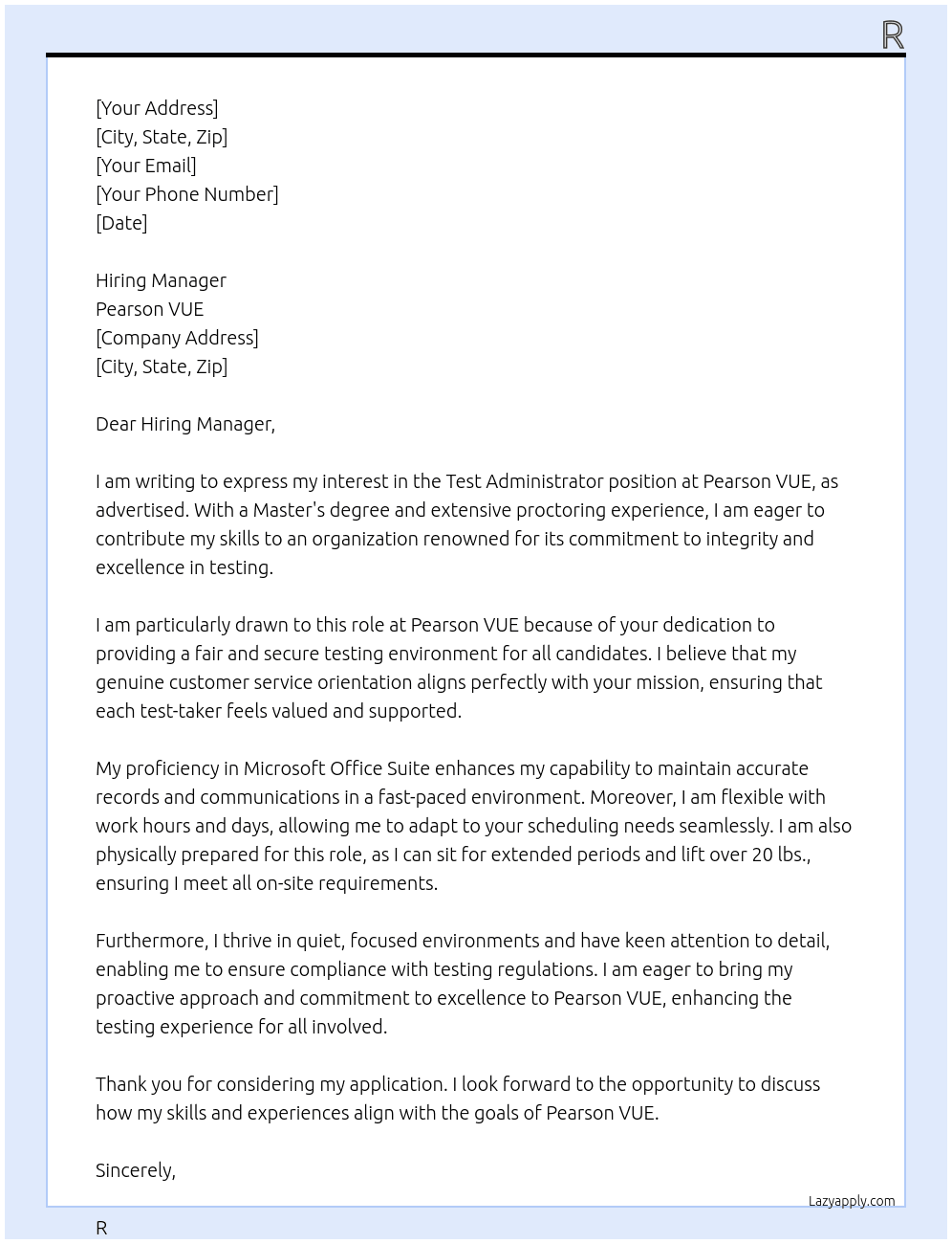 Test Administrator At Pearson VUE Cover Letter