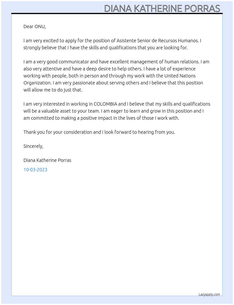 Asistente Senior de Recursos Humanos At United Nations Organization ONU Cover Letter