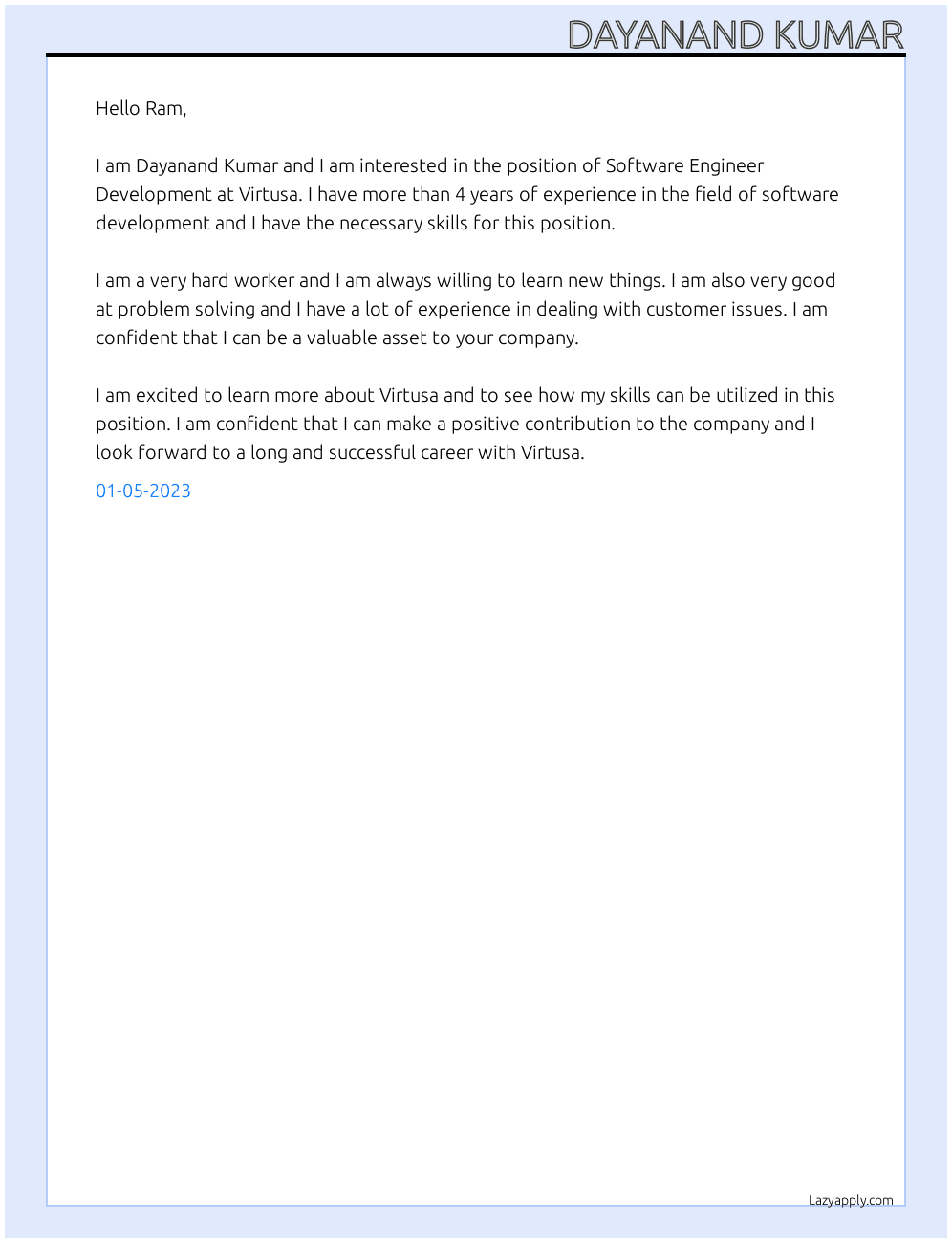 Software Engineer Development At Virtusa Cover Letter