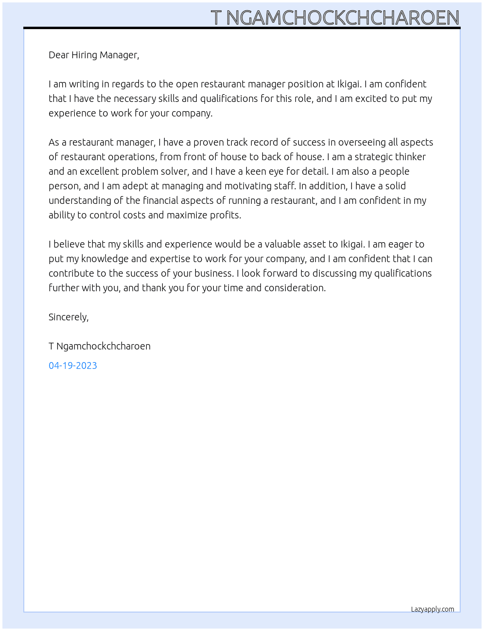 Restaurant manager At Ikigai Cover Letter