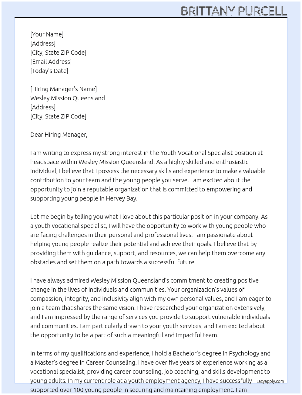 Youth Vocational Specialist – headspace At Wesley Mission Queensland Cover Letter