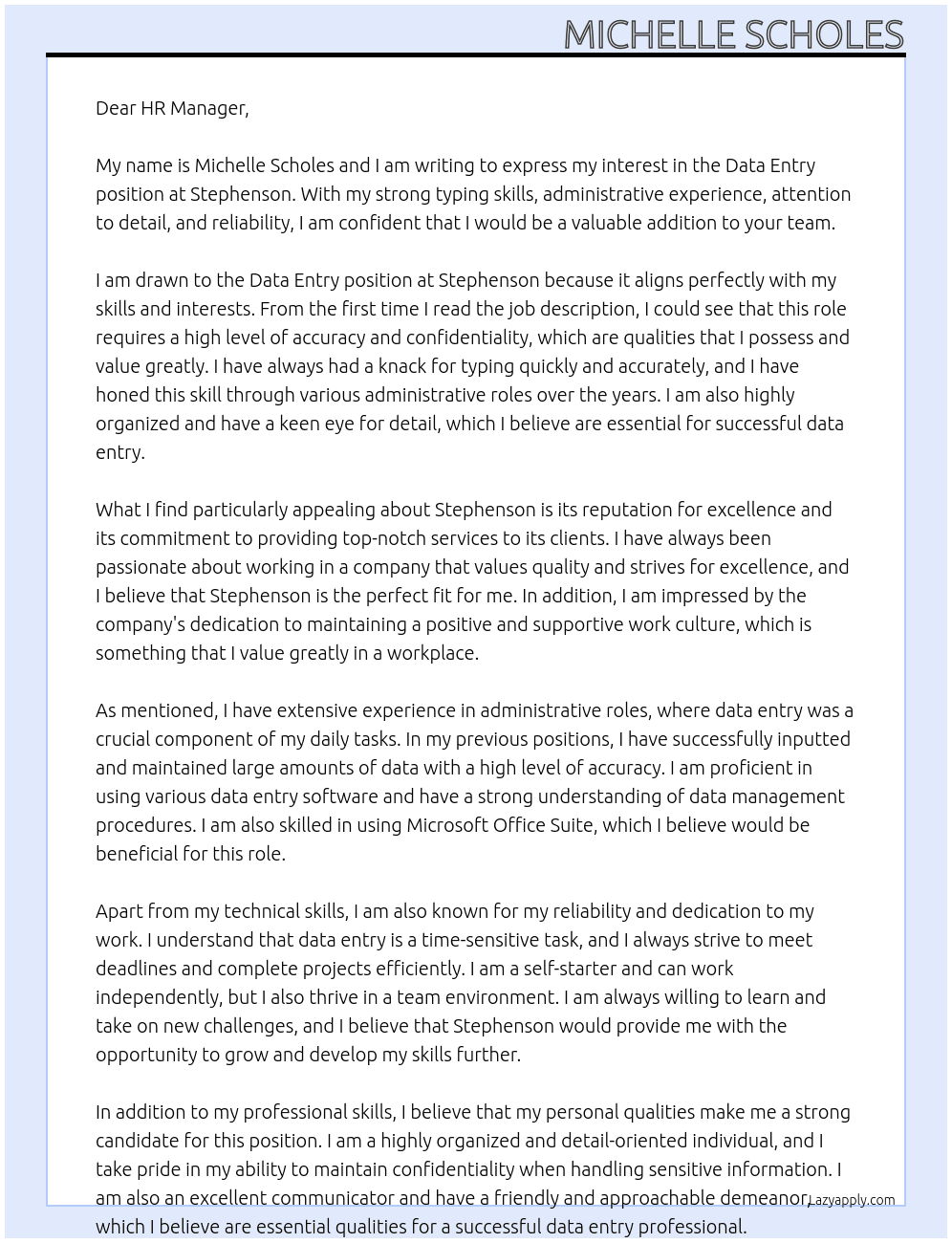 Data entry  At Stephenson  Cover Letter