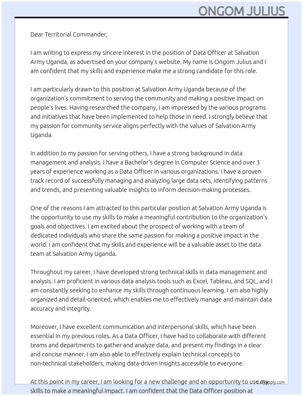 Cover letter for data officer - LazyApply