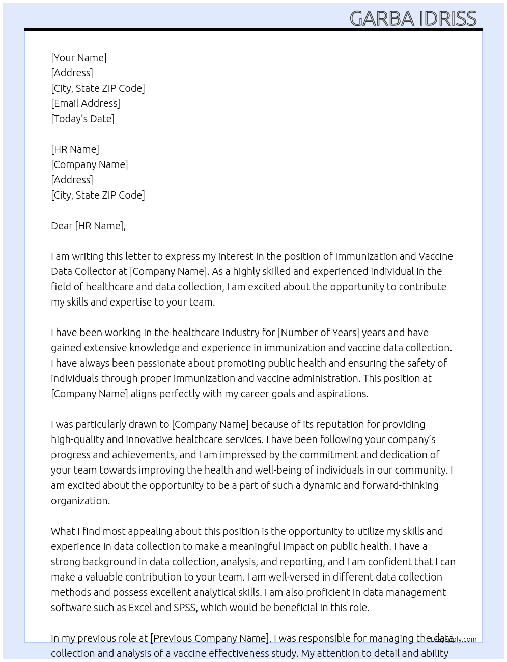 Cover letter for immunization and vaccine - LazyApply