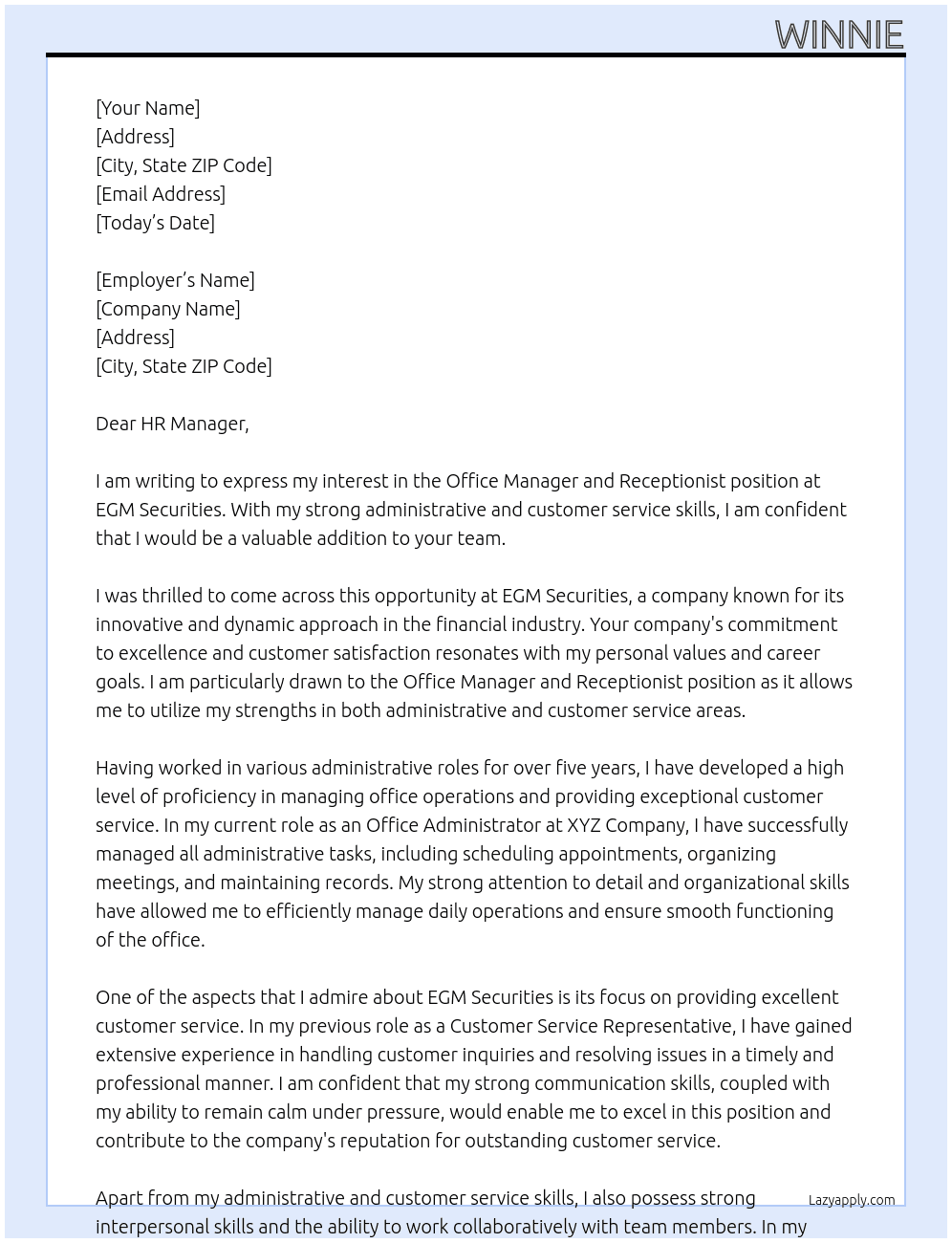 Office manager and receptionist At EGM Securities Cover Letter
