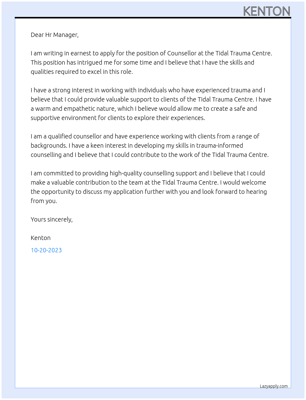 Counsellor At Tidal Trauma Centre Cover Letter