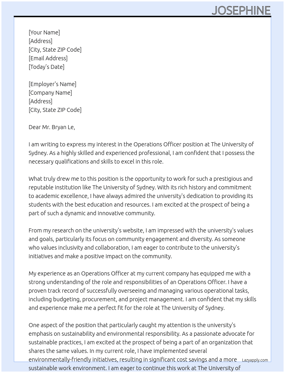 Operations Officer At The University of Sydney Cover Letter