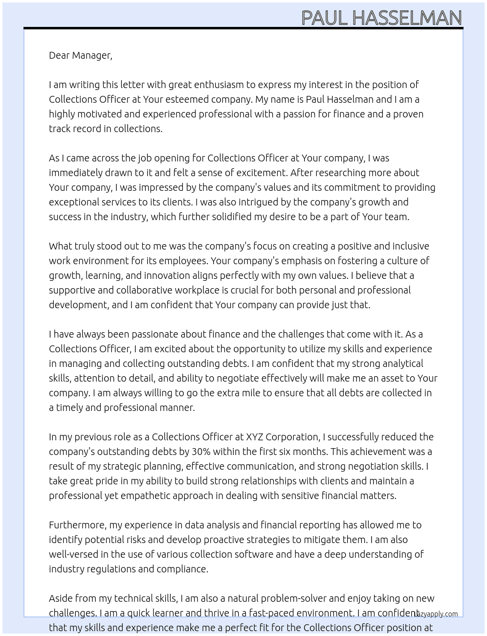 Collections Officer At Your Cover Letter