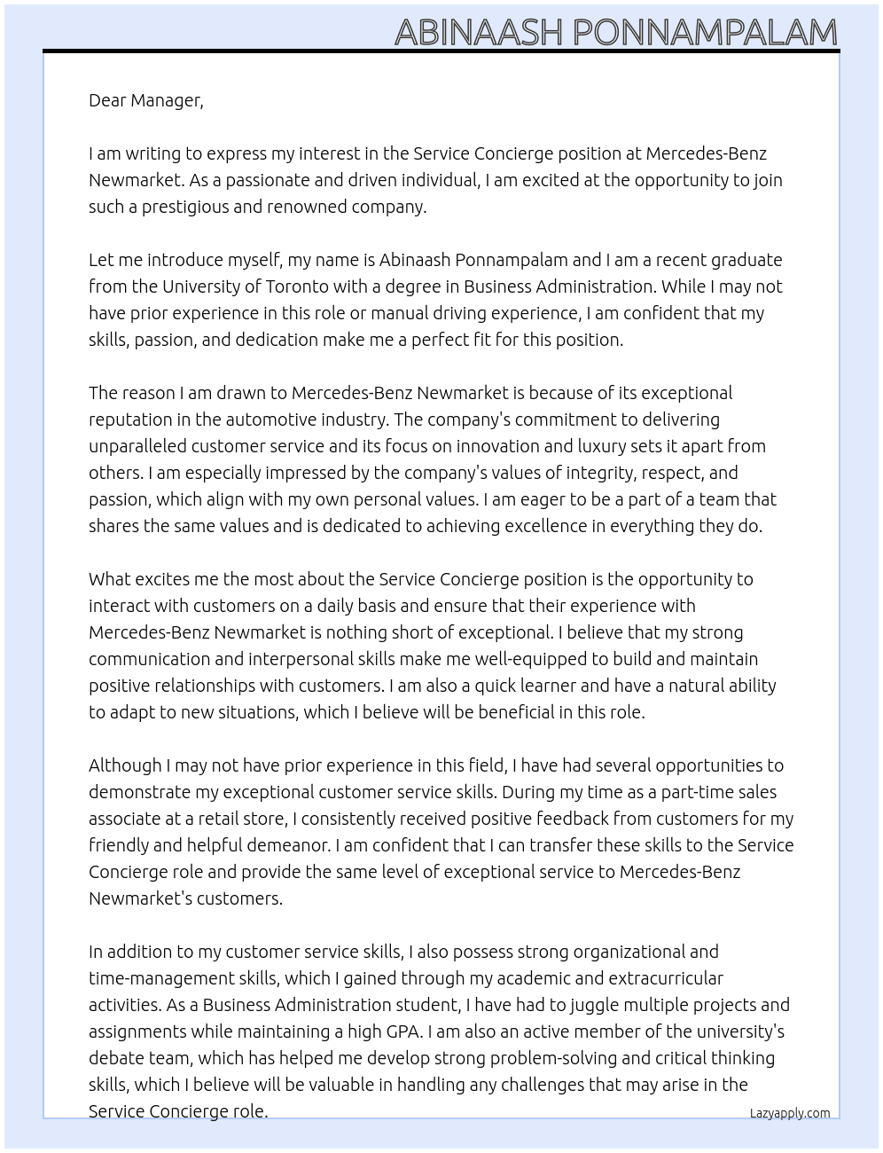 Service Concierge with No Experience and No Manual Driving Experience At Mercedes-Benz Newmarket  Cover Letter