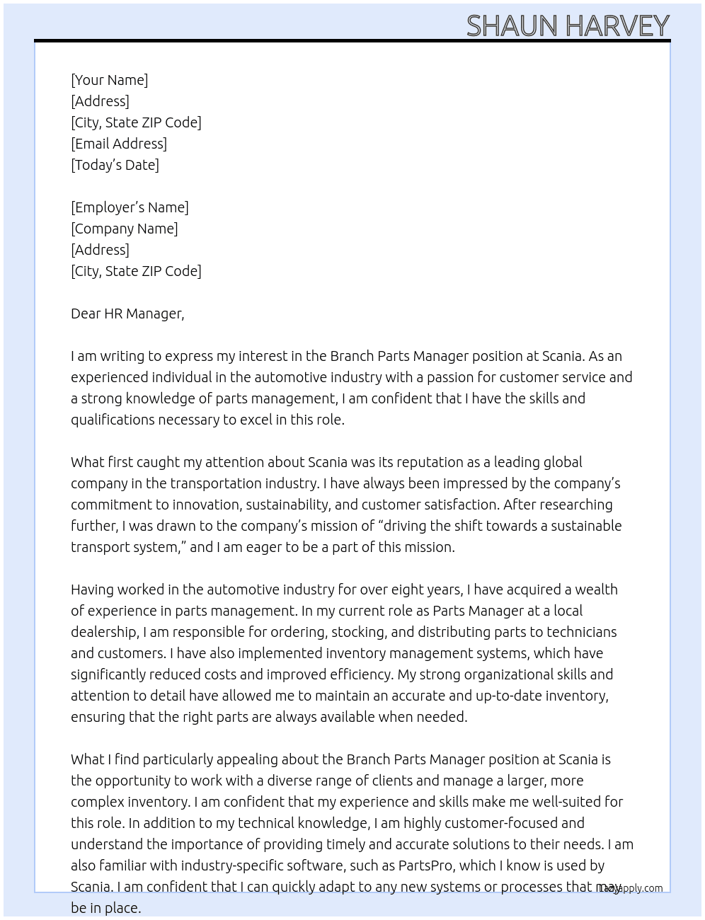 Branch Parts Manager At Scania Cover Letter