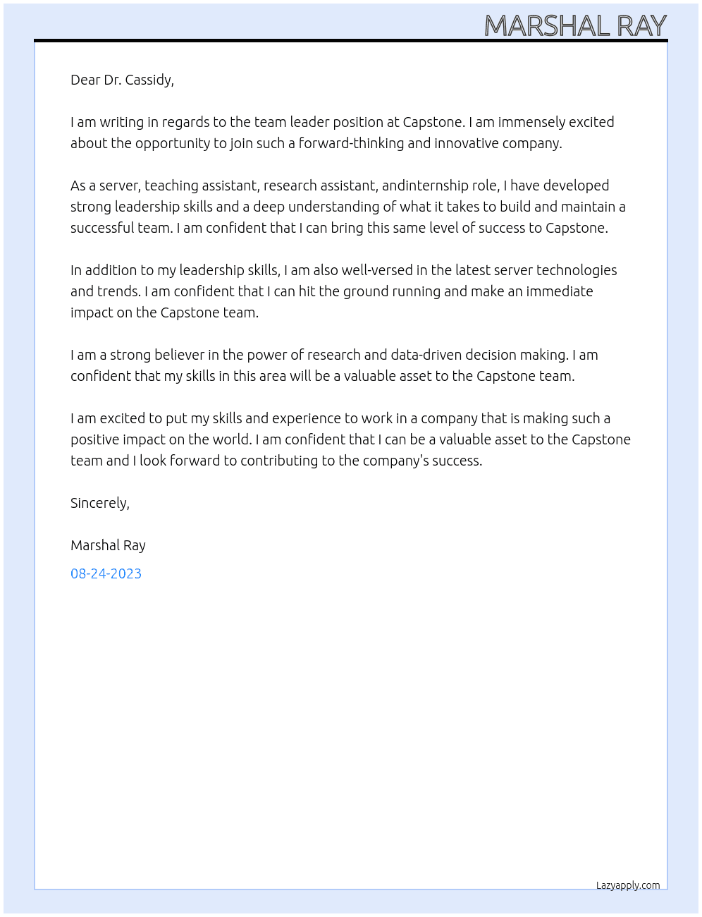 Team Leader At Capstone Cover Letter